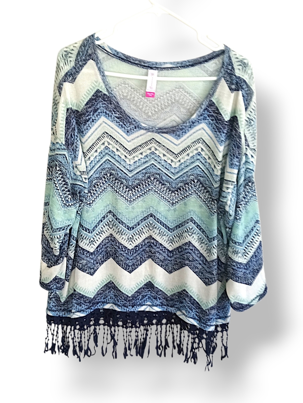 No Boundaries Blue Chevron Sweater Large Knit Fringe Boho Western 2X